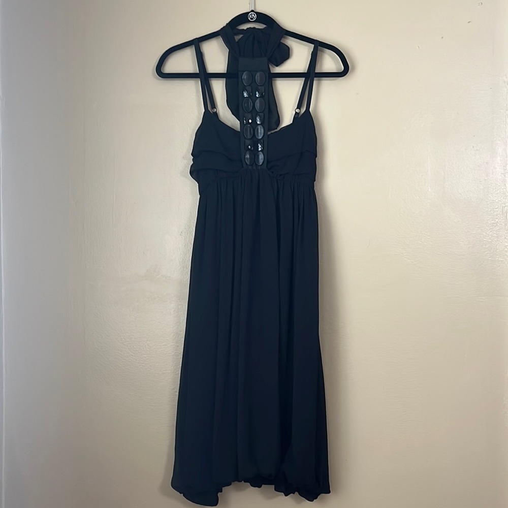 Rinascimento Black Halter Back Bubble Hem Embellished Collar Dress Sz M